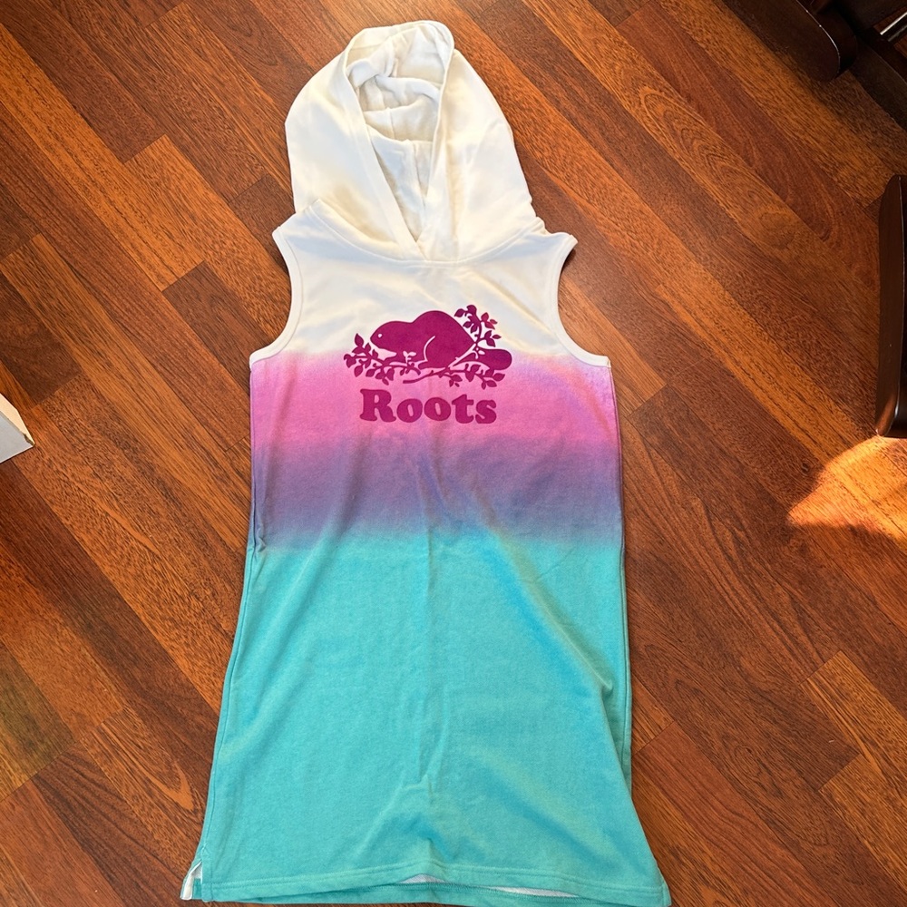 Roots Gradient Sleeveless Hoodie Dress in White, Purple, and Teal